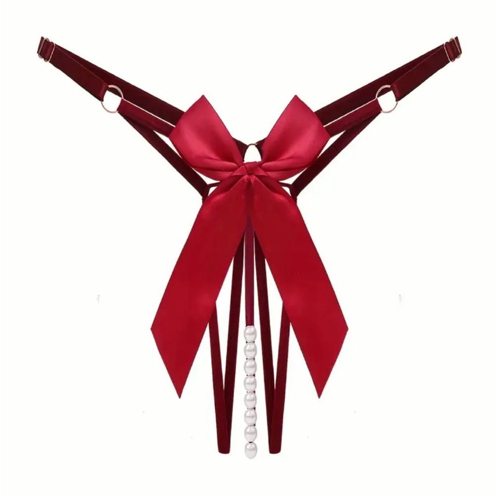 Solid Red Bow Knot Thongs Faux Pearl Decor Open Crotch Elastic Adjustable
